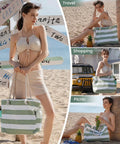Woman holding Big Beach Tote Bag For Women, Waterproof And Sandproof With Zipper, huge green striped swim and pool tote, on beach
