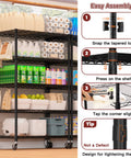 Wire Storage Rack On Wheels, Five Tier Metal Shelving For Kitchen Or Garage, 24 Inch Wide By 18 Inch Deep By 75 Inch High, NSF Approved Durable Steel Frame With Easy Roll Mobility, Perfect For Food, Spices, Utensils, And Daily Essentials. Black five-tier wire storage rack on wheels loaded with kitchen and utility items