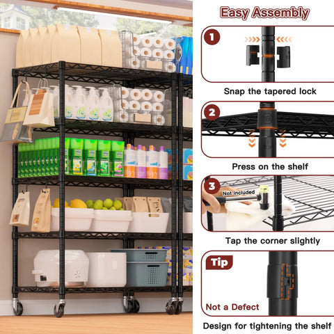 Wire Storage Rack On Wheels, Five Tier Metal Shelving For Kitchen Or Garage, 24 Inch Wide By 18 Inch Deep By 75 Inch High, NSF Approved Durable Steel Frame With Easy Roll Mobility, Perfect For Food, Spices, Utensils, And Daily Essentials. Black five-tier wire storage rack on wheels loaded with kitchen and utility items