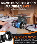 Rugged 4 Inch Magnetic Dust Collection Quick Connect Fitting Kit With Swappable Rubber Couplers For Quick Flip Shop Vac Hookups and sleek dust management systems, shown moving hose between machines.