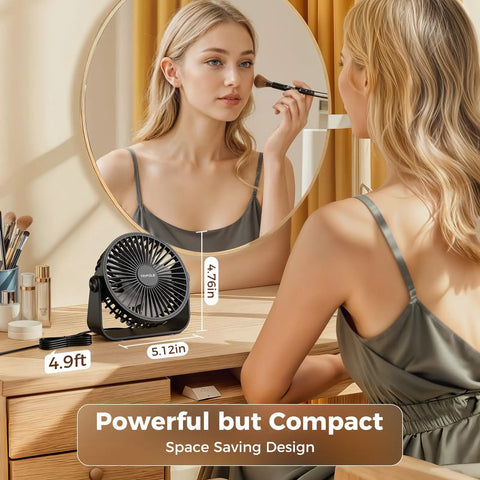 USB Desk Fan Portable Mini Personal Fan with 360 Degree Head on a vanity, woman applying makeup, sleek design.