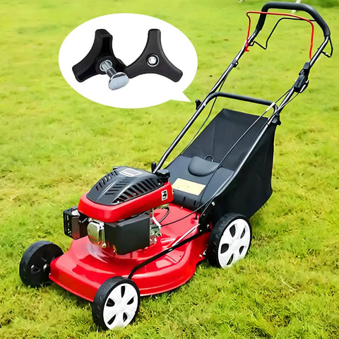 Honda Lawn Mower Handle Knob Replacement Kit with wing nut bolts and triangle grip screws beside red lawn mower on grass