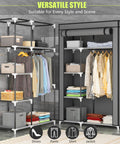 Portable Closet Wardrobe With Fabric Shelves And Dustproof Non Woven Fabric Cover in bedroom setting, shown with clothes and boxes.