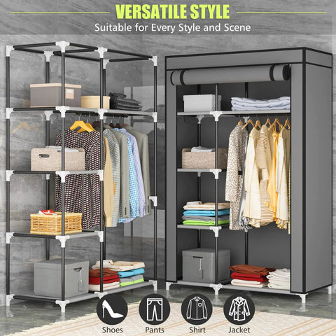 Portable Closet Wardrobe With Fabric Shelves And Dustproof Non Woven Fabric Cover in bedroom setting, shown with clothes and boxes.