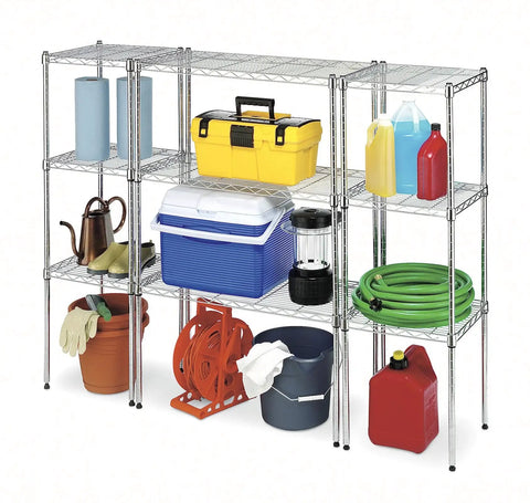 Heavy Duty Wire Shelving Unit With Metal Storage Shelves in garage with tools, cooler, and cleaning supplies