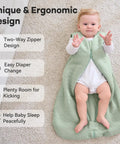 Baby in Cozy Six To Twelve Month Winter Sleep Sack With Two Point Five TOG One Hundred Percent Cotton Wearable Baby Blanket, green