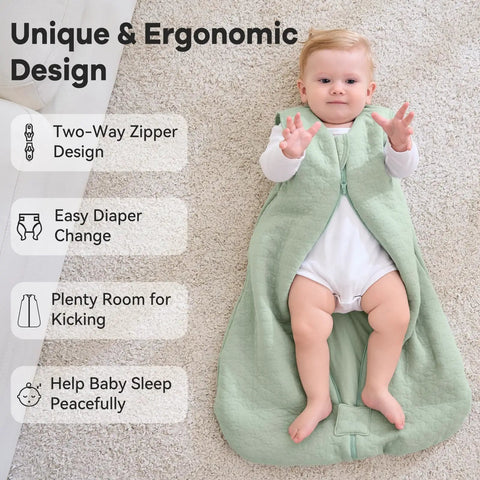 Baby in Cozy Six To Twelve Month Winter Sleep Sack With Two Point Five TOG One Hundred Percent Cotton Wearable Baby Blanket, green