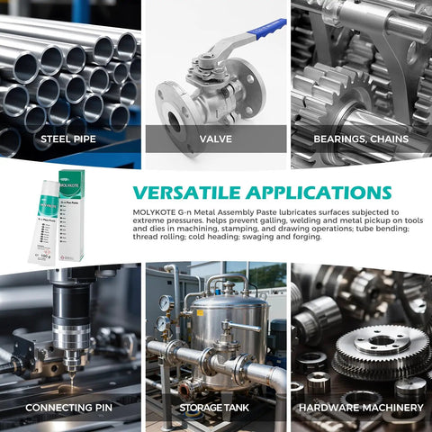 Steel pipe, valve, bearings and chains showcasing GN Plus Paste 100g Molybdenum Disulfide Lubricant For Bearings Gears Gearbox And Threads