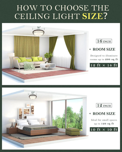Comparison of 12 Inch Flush Mount Ceiling Light and 16 inch light for different room sizes, showing living room and bedroom setups.