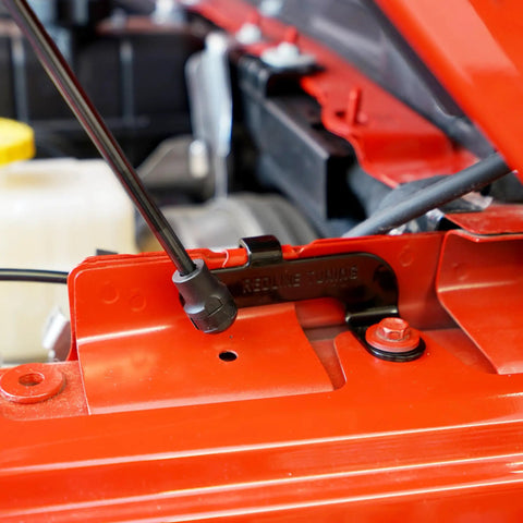 Close-up of Hood Quicklift Kit for Jeep Wrangler JL 2018 and Gladiator 2020 Plus Aluminum Hood Support System installed