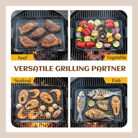 Heavy Duty Stainless Steel Grill Tray Set 3 Pack Nonstick Perforated Grill Baskets With Handles for meats, veggies, seafood, fish