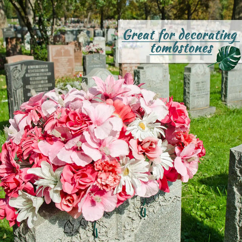 2 Pack Headstone Flower Saddles With Foam 12 x 11 Inch Galvanized Grave Saddles For Cemetery Floral Displays with pink flowers