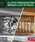 No Drama Heavy Duty Bamboo Kitchen Drawer Organizer And Wide Cutlery Tray for silverware storage, before and after organizing.