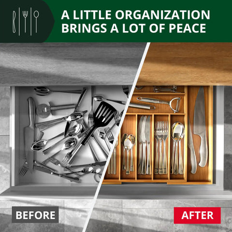 No Drama Heavy Duty Bamboo Kitchen Drawer Organizer And Wide Cutlery Tray for silverware storage, before and after organizing.