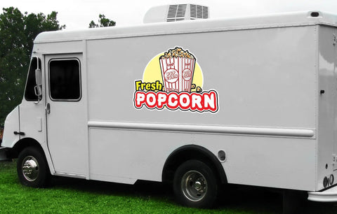 Killer 16 Inch Concession Stand Decal Sign For Food Trucks And Popcorn Carts Easy Peel Stick Outdoor Graphic on a white popcorn truck.