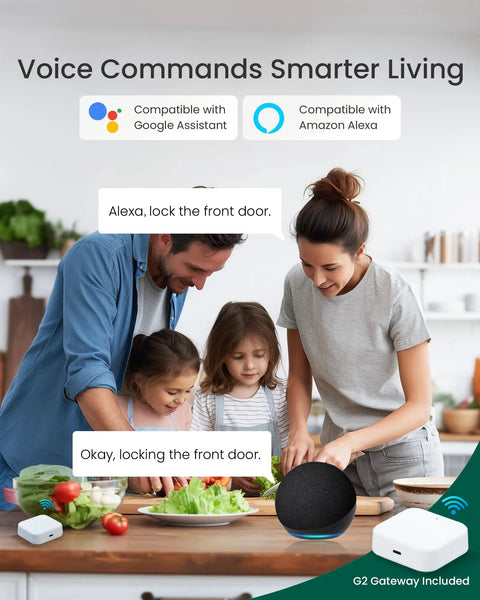 Family interacting while using Ultra Secure WiFi Fingerprint Smart Door Lock With Remote App Control And Digital Keypad for hands-free security.