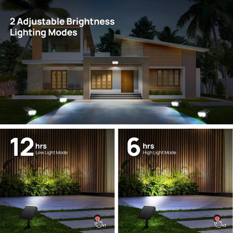Outdoor Solar Spotlight 16 LEDs IP67 Waterproof Auto On Off Dusk To Dawn 650 Lumen Cool White Beam illuminating a house garden
