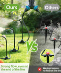 360 Degree Drip Irrigation System Kit with 33 feet of one quarter inch tubing and five adjustable brass nozzles in garden comparison