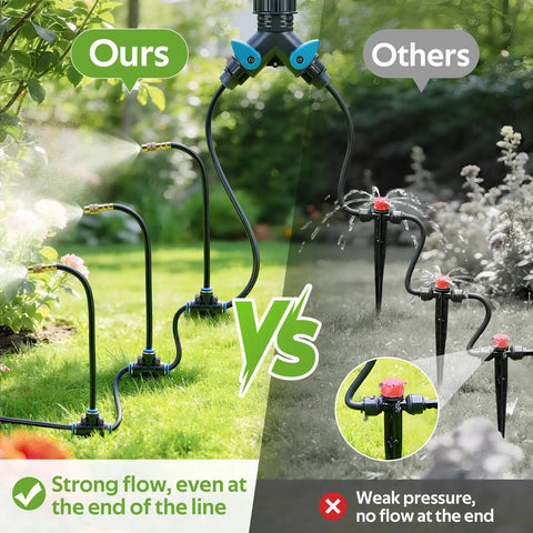 360 Degree Drip Irrigation System Kit with 33 feet of one quarter inch tubing and five adjustable brass nozzles in garden comparison