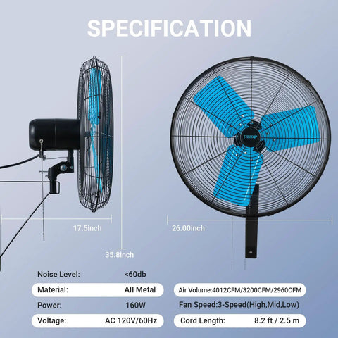 Industrial Grade 20 Inch Wall Mount Fan With Beastly High Velocity Airflow 5500 CFM 3 Speed Oscillating Wall Fan side and front view