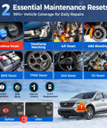 CRP129X V3.0 Elite OBD2 Scanner For Cars showcasing 12 reset services including ABS, oil, and headlamp with vehicle illustration.