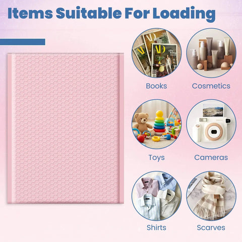 Bubble Mailers 10x13 Inch Light Pink 25 Pack Opaque Padded Envelopes For Clothing Books Makeup And Accessories with icons of items suitable for packing such as books, cosmetics, toys, cameras, shirts, and scarves.