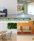 4 Inch Dry Back Vinyl Wall Base With Flexible Toe Kick Trim 60 Ft Roll Silver Gray Finish in various room settings