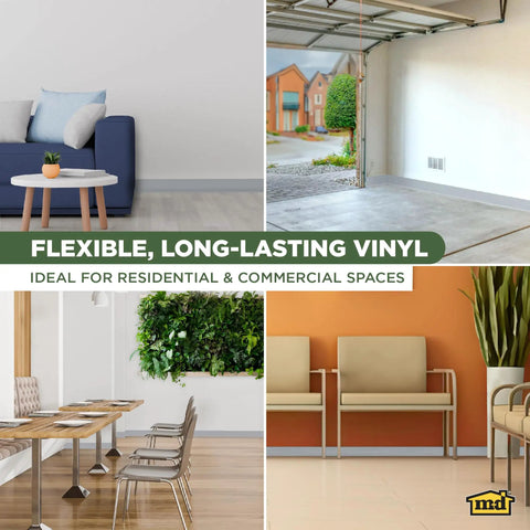 4 Inch Dry Back Vinyl Wall Base With Flexible Toe Kick Trim 60 Ft Roll Silver Gray Finish in various room settings