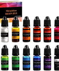 Front view of Miraclekoo resin pigment dye set, 12 bottles (10 ml each) in assorted colors with box.