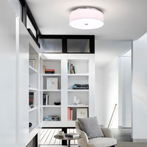 Flush Mount Ceiling Light With Brushed Nickel Finish And Linen Drum Shade 20 Inch LED Fixture in modern living room