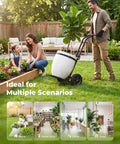 Heavy Duty Plant Caddy With Wheels Featuring Ergonomic Y Shape Handle And Non Slip Grip Smooth Rolling Garden Dolly For Moving Tall Flower Pots in use with woman and child.
