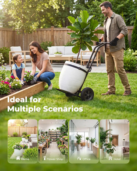 Heavy Duty Plant Caddy With Wheels Featuring Ergonomic Y Shape Handle And Non Slip Grip Smooth Rolling Garden Dolly For Moving Tall Flower Pots in use with woman and child.