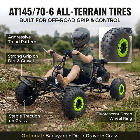 Gas Powered Off Road Go Kart For Adults And Teens Fourteen Plus with 212cc Engine on rough terrain with AT145/70-6 Tires