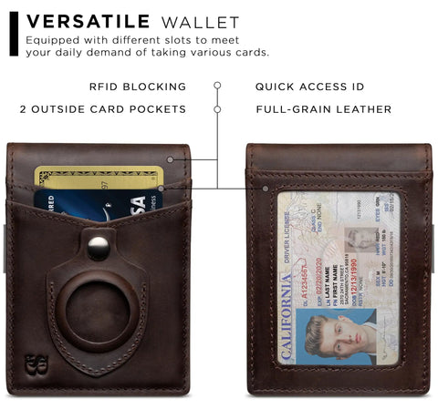 AirTag Wallet With RFID Blocking For Men Minimalist Slim Bifold Money Clip Full Grain Leather Front Pocket Card Organizer