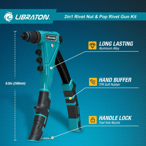 Two In One Rivet Nut And Pop Rivet Gun Kit With Eight Mandrels shown close-up with features highlighted, 9.5in length