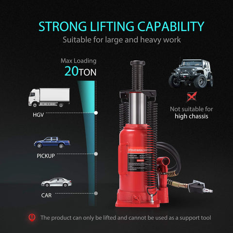 Red SPECSTAR 20-ton pneumatic bottle jack with manual pump for auto repair