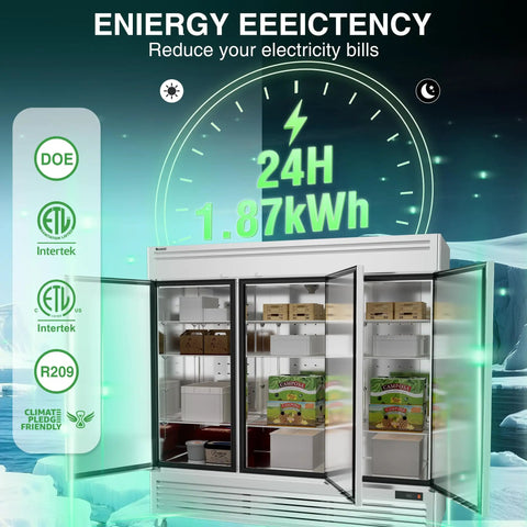 Straight Up Reliable Commercial Reach In Refrigerator 82 Inch Tall with energy efficiency indicator, showcasing spacious interior and shelving.