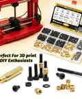 Slick Pro Setup M3 Heat Set Inserts And Legit M3 Socket Screw Tool Kit With Hex Wrench arranged with 3D printer and assorted parts.