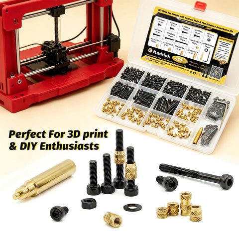 Slick Pro Setup M3 Heat Set Inserts And Legit M3 Socket Screw Tool Kit With Hex Wrench arranged with 3D printer and assorted parts.