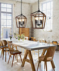 Farmhouse Style Chandelier Light Fixture For Kitchen And Dining Room With Barn Chic Vibe, A 4 Light Rustic Pendant With Height Adjustable Chain, Oak Wood Finish, Cage Lantern Lighting, E12 Base For Hallway Foyer