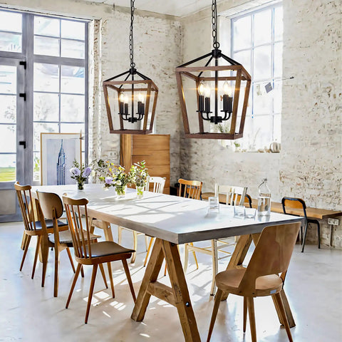 Farmhouse Style Chandelier Light Fixture For Kitchen And Dining Room With Barn Chic Vibe, A 4 Light Rustic Pendant With Height Adjustable Chain, Oak Wood Finish, Cage Lantern Lighting, E12 Base For Hallway Foyer