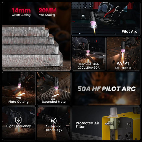 Pilot Arc Plasma Cutter 50A Dual Voltage 110 To 220V With LED Display and Air Sensor for metal cutting in workshop setting