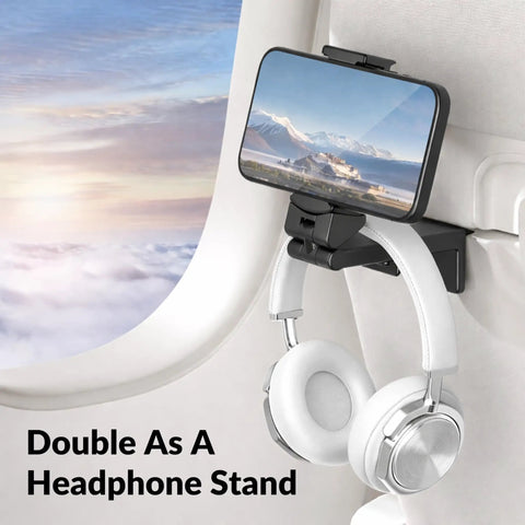 Universal In Flight Phone Holder Mount For Airplane Hands Free Viewing With Dual 360 Degree Rotation Pocket Size, mounted on airplane tray