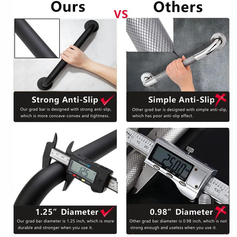 Workhorse Grade 16 Inch Black Shower Grab Bars Two Pack Heavy Duty 304 Stainless Steel Bathroom Safety Handles Non Slip Grip Tub Shower Support For Daily Senior Use And Quick Home Setup, comparing grip and diameter.