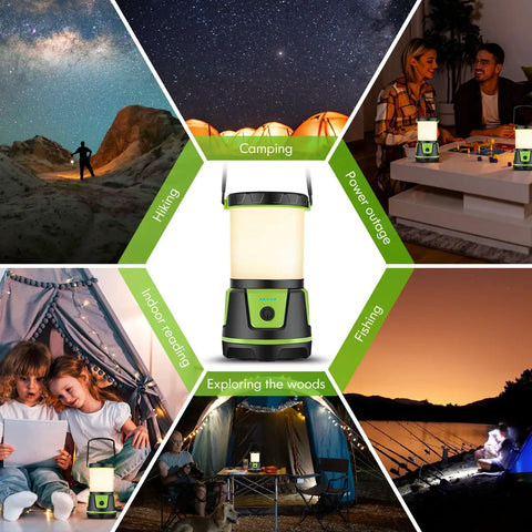 Beast Bright 3000 Lumen Rechargeable Lantern for hiking, camping, and emergencies, displayed with various outdoor activities.