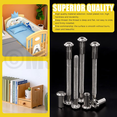 24 Pcs M6x70mm Hex Socket Cap Bolts Kit With Barrel Nuts And Hex Key Silver Nickel Plated Hardware displayed next to a crib and bookshelf