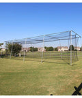 Outdoor Twisted Poly Baseball Batting Cage Net With 4 Foot Access Door, Weather Resistant Heavy Duty Practice Net, backyard view