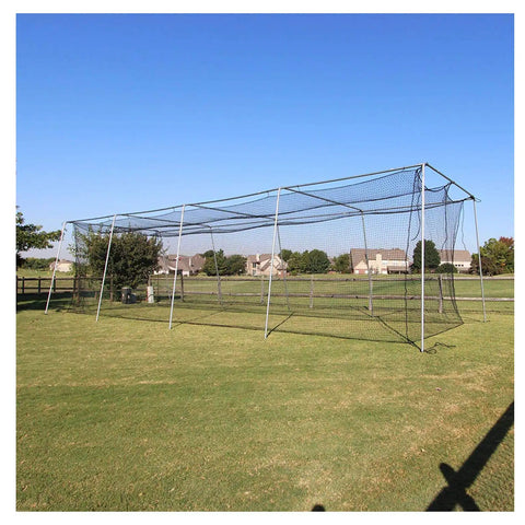 Outdoor Twisted Poly Baseball Batting Cage Net With 4 Foot Access Door, Weather Resistant Heavy Duty Practice Net, backyard view