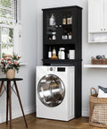 Over The Toilet Storage Cabinet For Bathroom, Black Space Saver With Two Tempered Glass Doors, Wood Construction CARB P2 Compliant