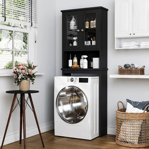 Over The Toilet Storage Cabinet For Bathroom, Black Space Saver With Two Tempered Glass Doors, Wood Construction CARB P2 Compliant